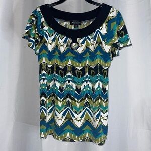 I.N. Studio Petite Blouse Flowy Cap Short Sleeve U Scoop Neck Geometric Shirt